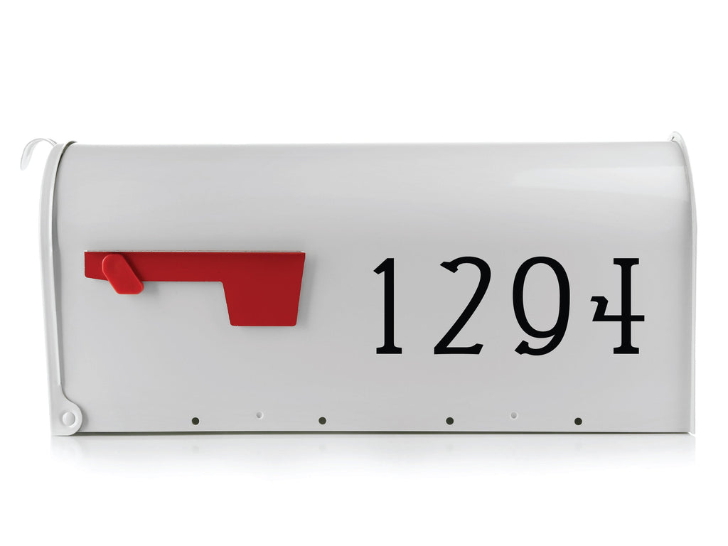 Classic white mailbox elegantly marked with custom black mailbox numbers, enhancing curbside appeal.