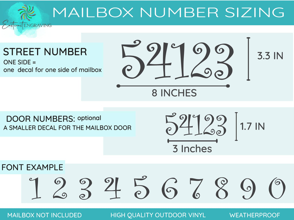 Size and font chart showing the Custom Swirl Font Mailbox Number Decal's dimensions and design options.