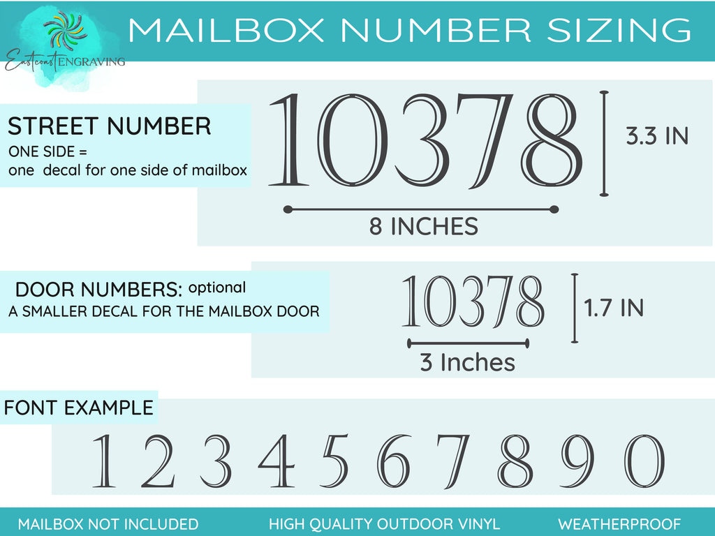 Detailed size chart and font style options for custom mailbox number decals, illustrating various customization choices.