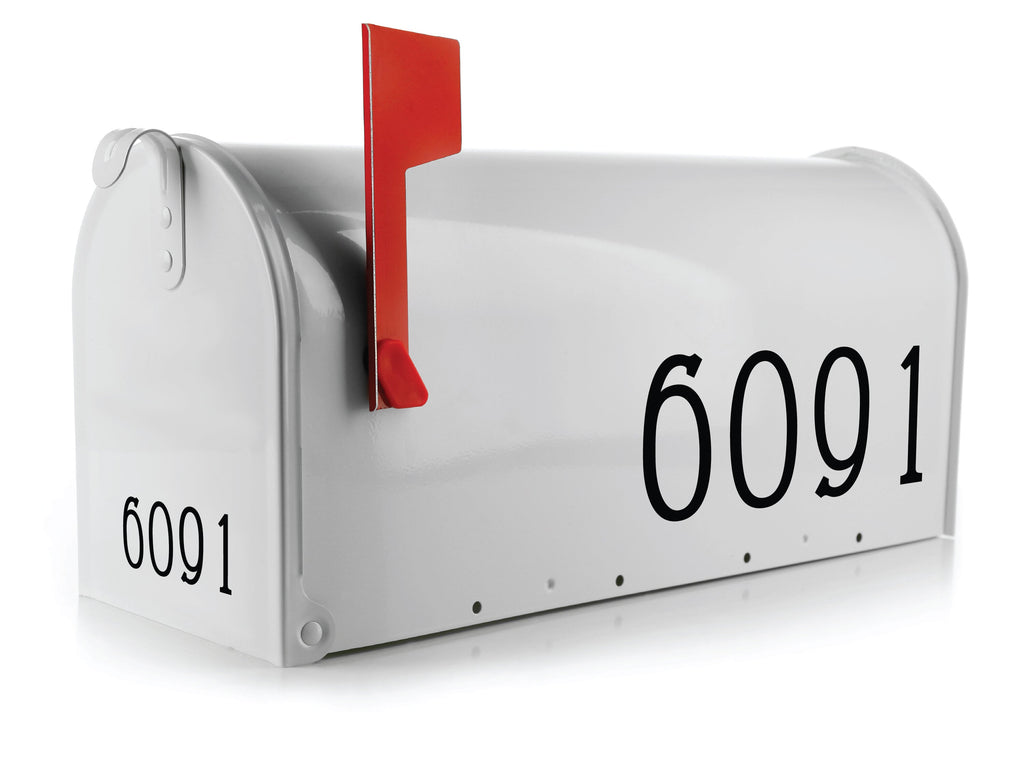 Stylish white mailbox with prominent black mailbox number decal, designed for easy identification.