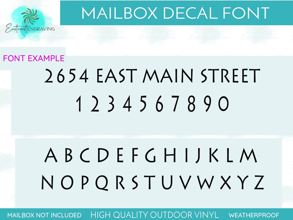 Font style chart for custom mailbox decals showcasing a single modern font option.