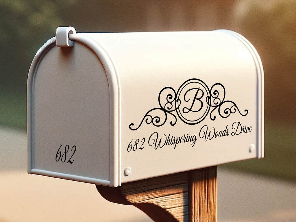 Custom mailbox decal with personalized initials and address displayed in a modern script font