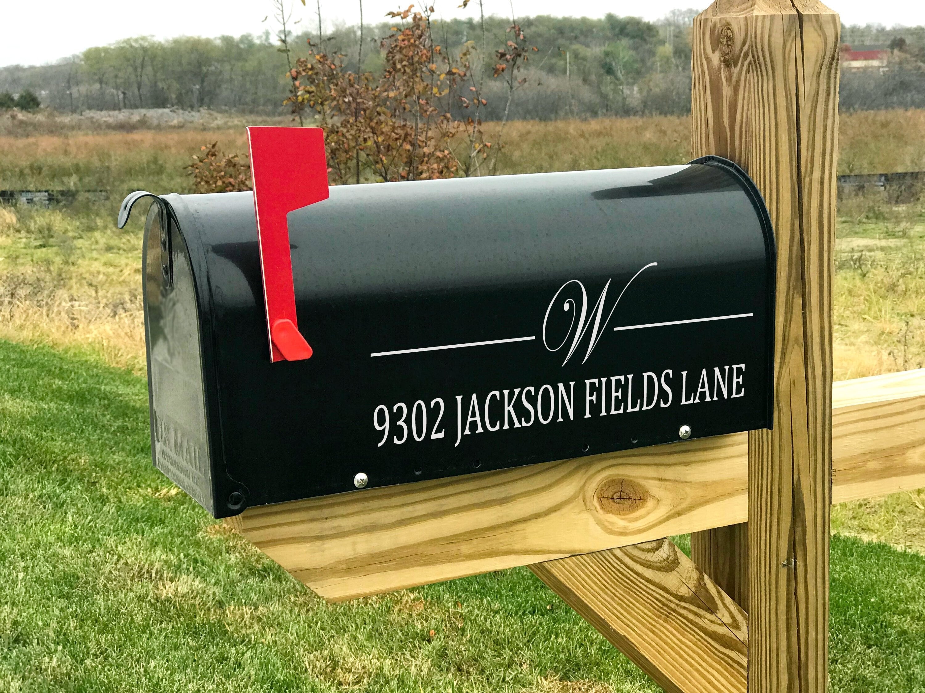 Elegant initial mailbox decal on white mailbox with custom address