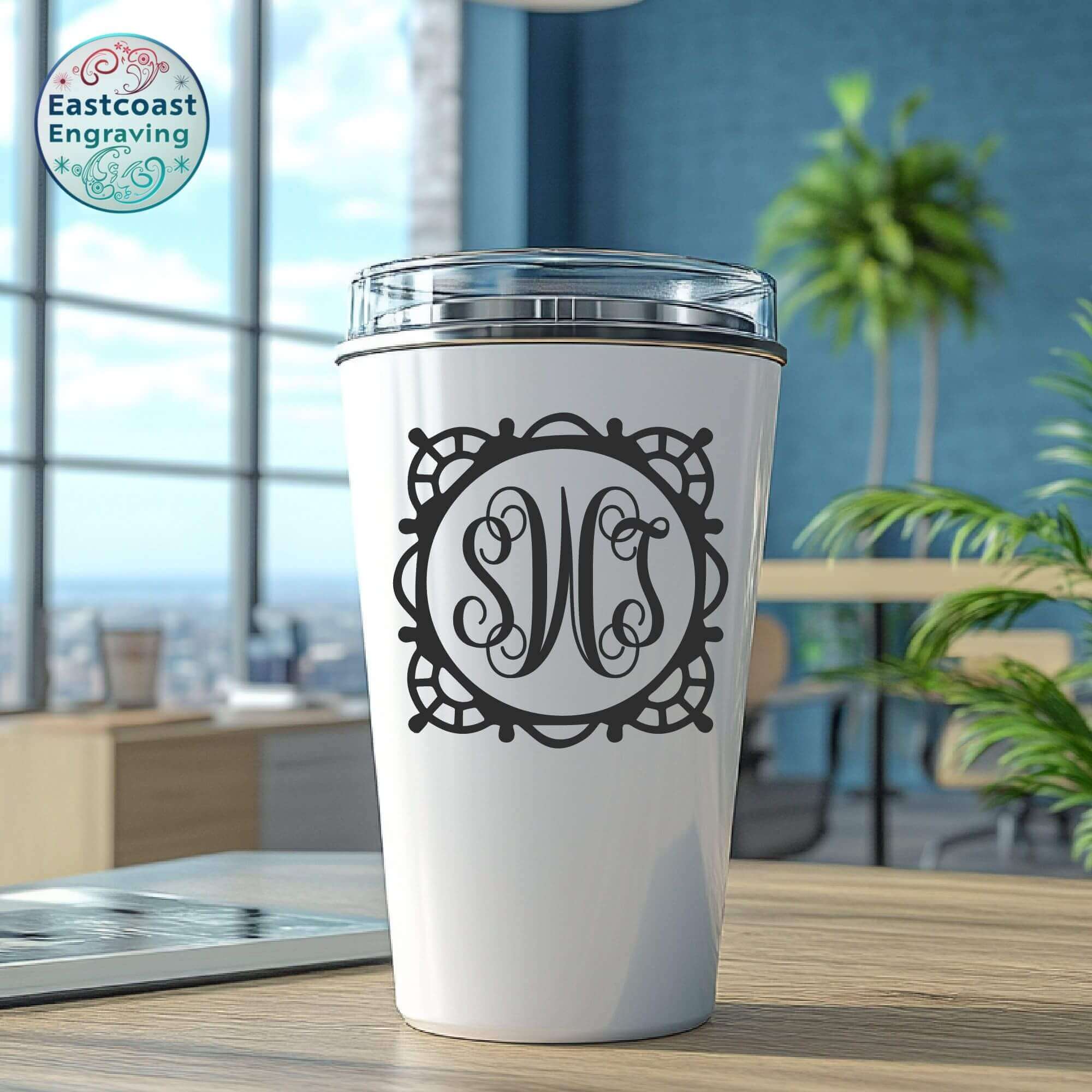Custom initials decal on a travel mug – perfect for personalized drinkware