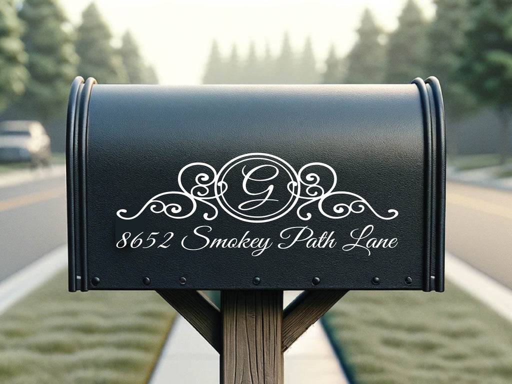Unique mailbox upgrade with monogram decal in script font, ideal for home exterior.