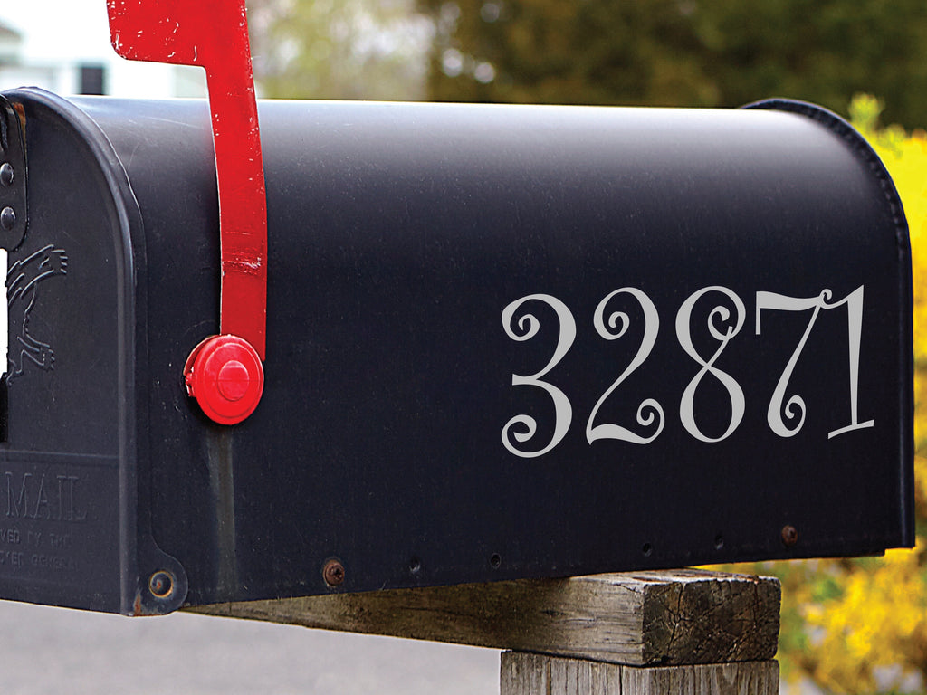 Black mailbox featuring light gray swirl number decal for high contrast and visibility