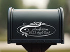 Ornamental vinyl mailbox address sticker on black mailbox