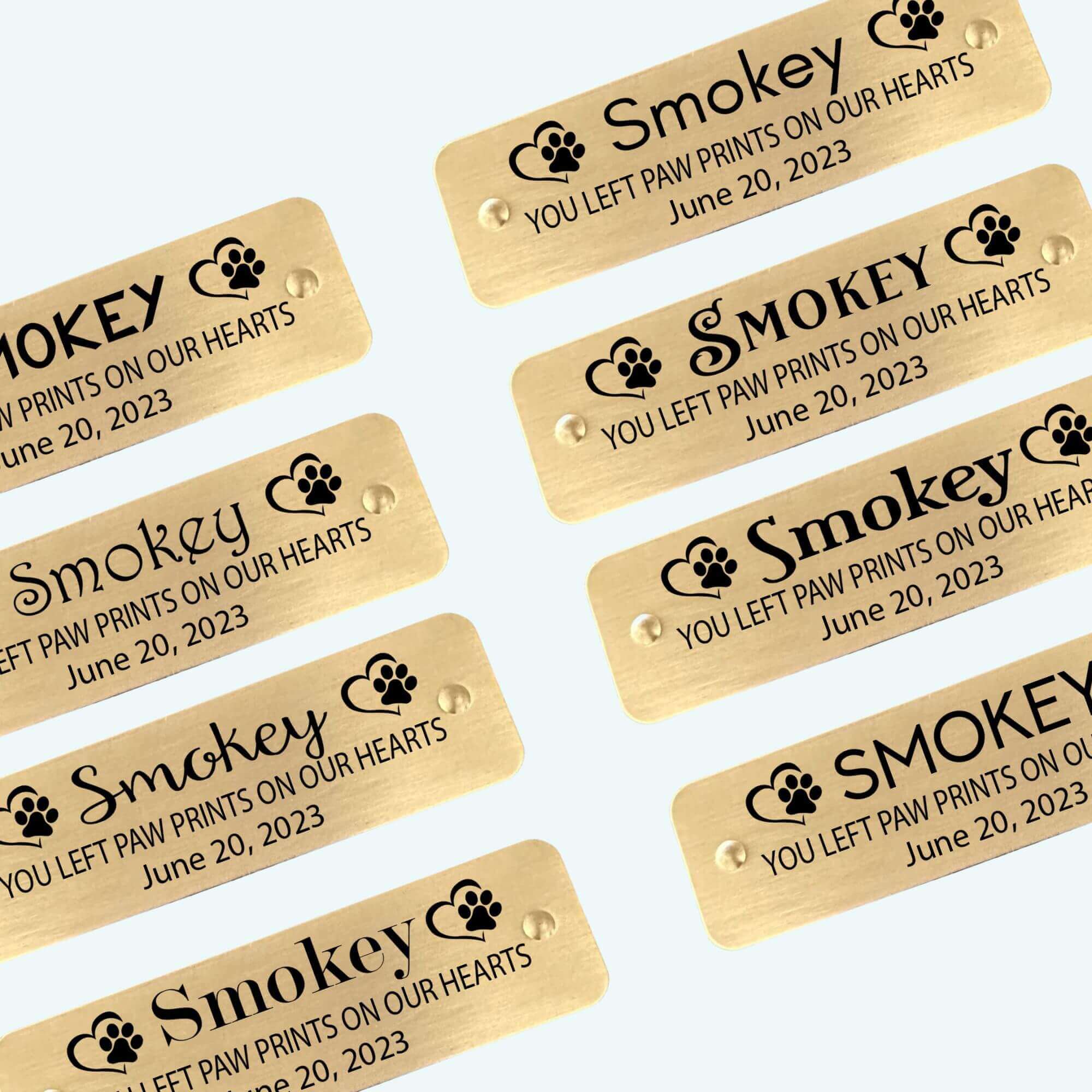 Engraved brass pet memorial nameplate with adhesive backing, customizable for a personal tribute. By Eastcoast Engraving