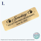 Custom dog memorial tag with engraved name and date, easy stick-on application.