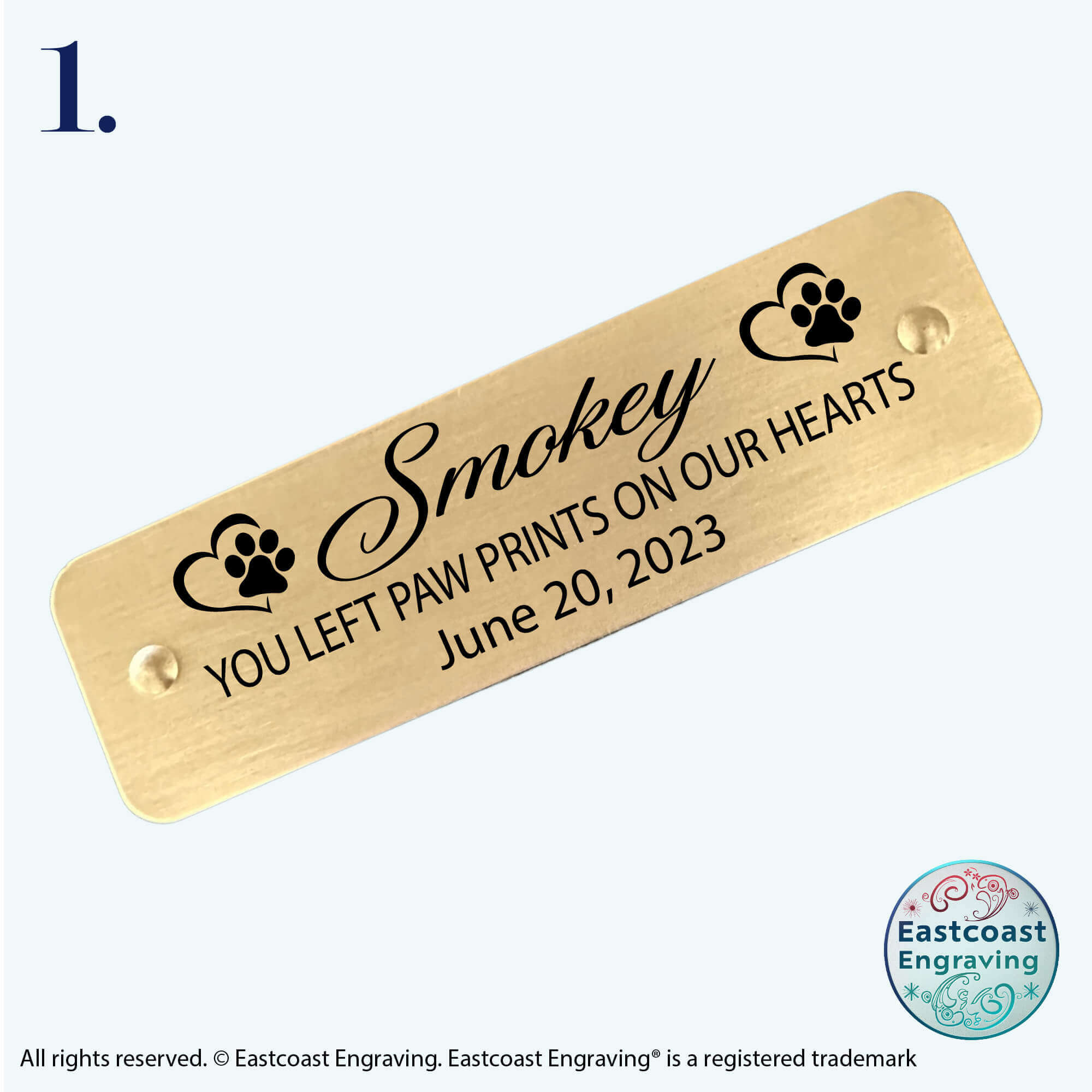 Custom dog memorial tag with engraved name and date, easy stick-on application.