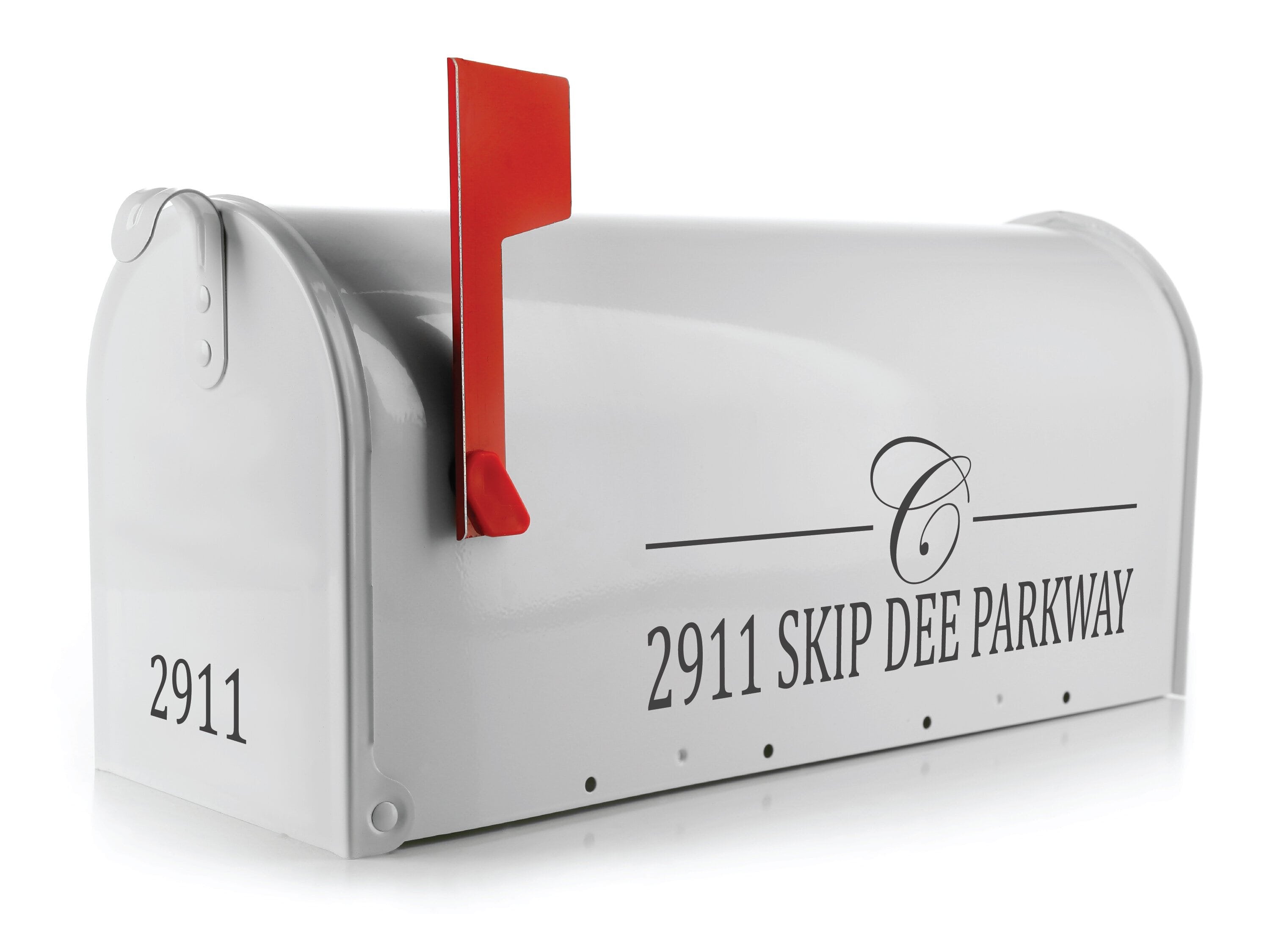 Custom vinyl mailbox decal with monogram initial and street address on white mailbox