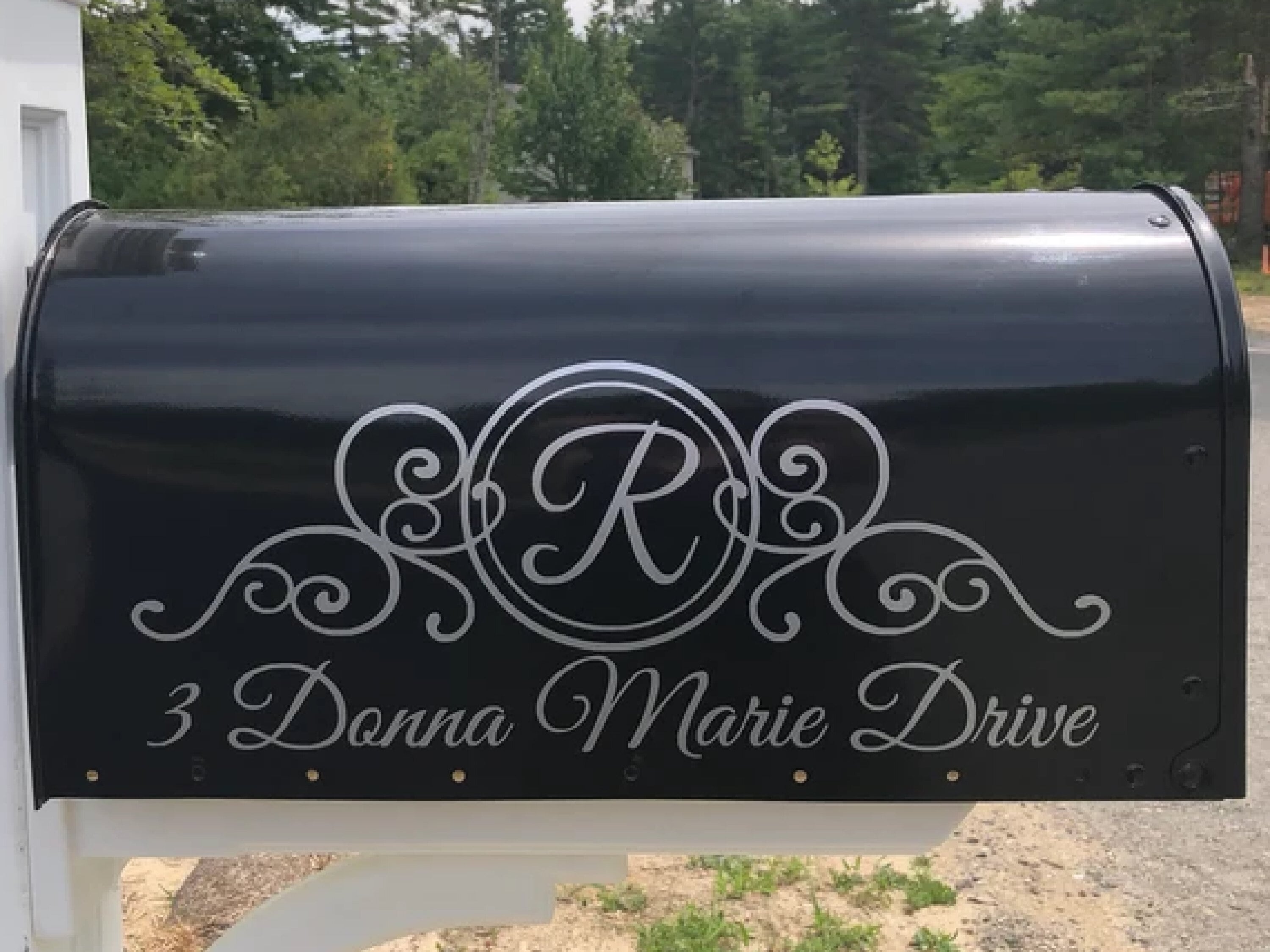 Elegant custom mailbox decal with scroll monogram and street address on black mailbox