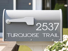 white vinyl personalized mailbox label with house number and street name