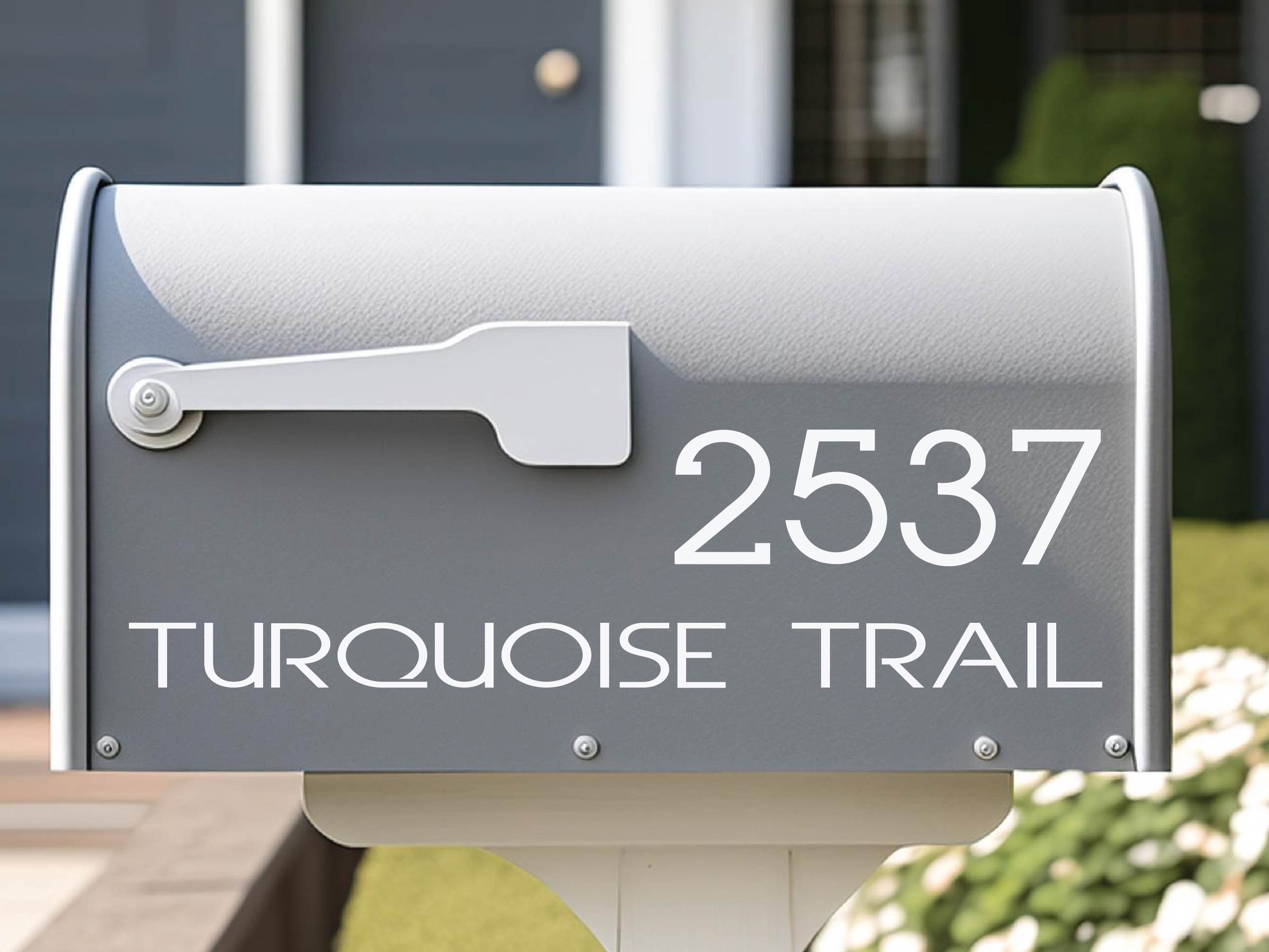 white vinyl personalized mailbox label with house number and street name