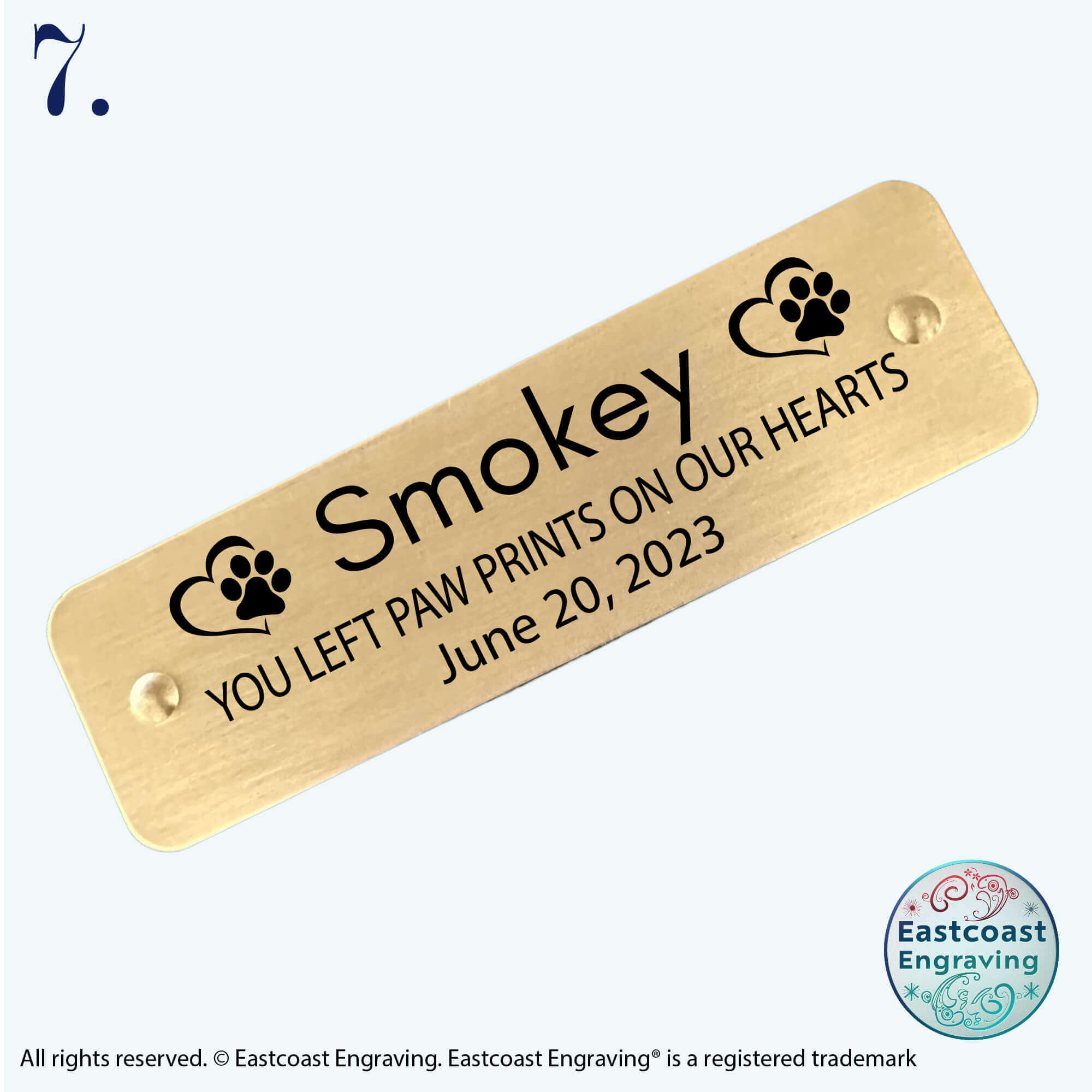 Self-adhesive pet memorial sticker tag, custom engraved for dogs and cats.