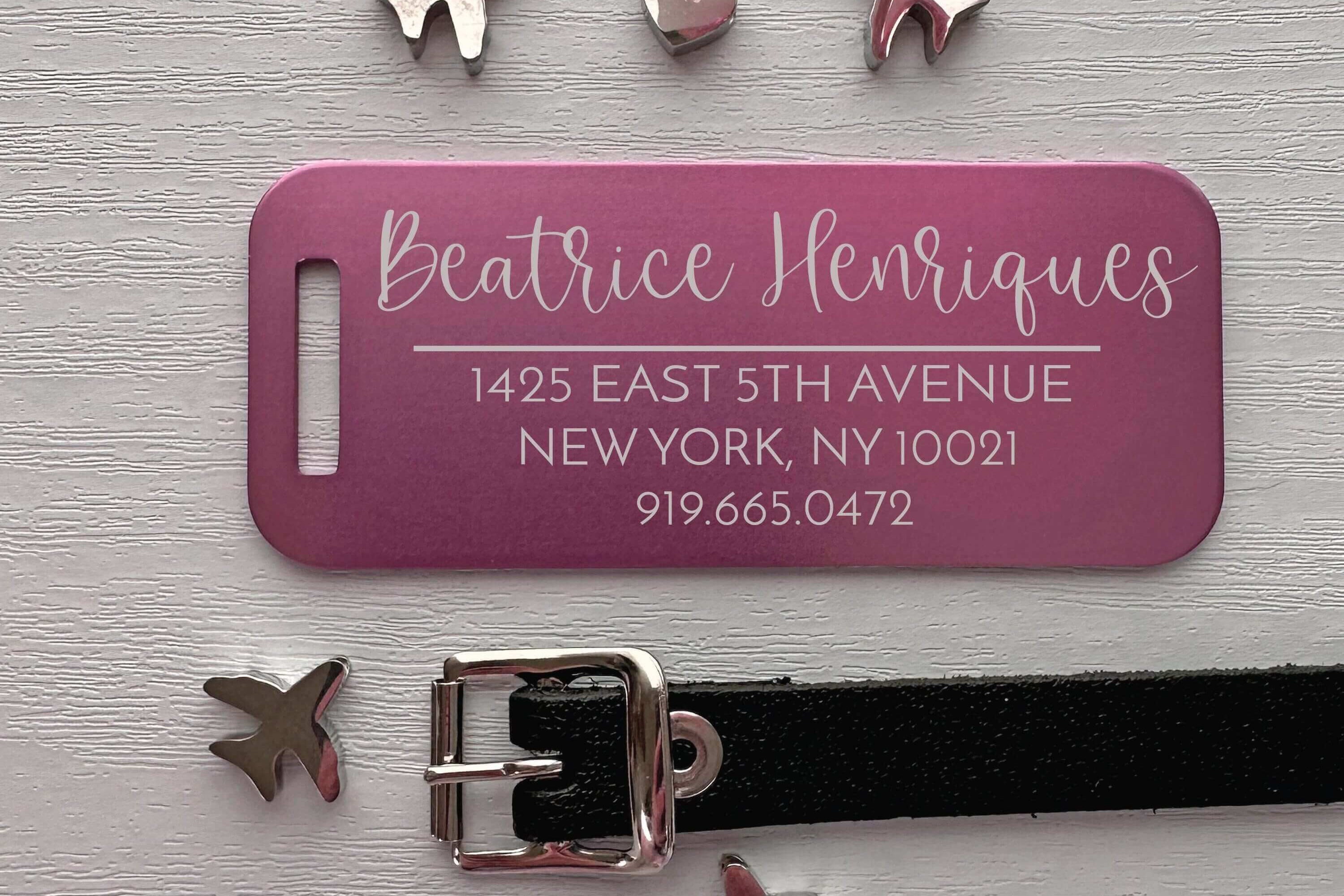 Pink custom luggage tag laser engraved with name and phone number