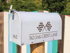Custom racing mailbox decal with checkered flags and address