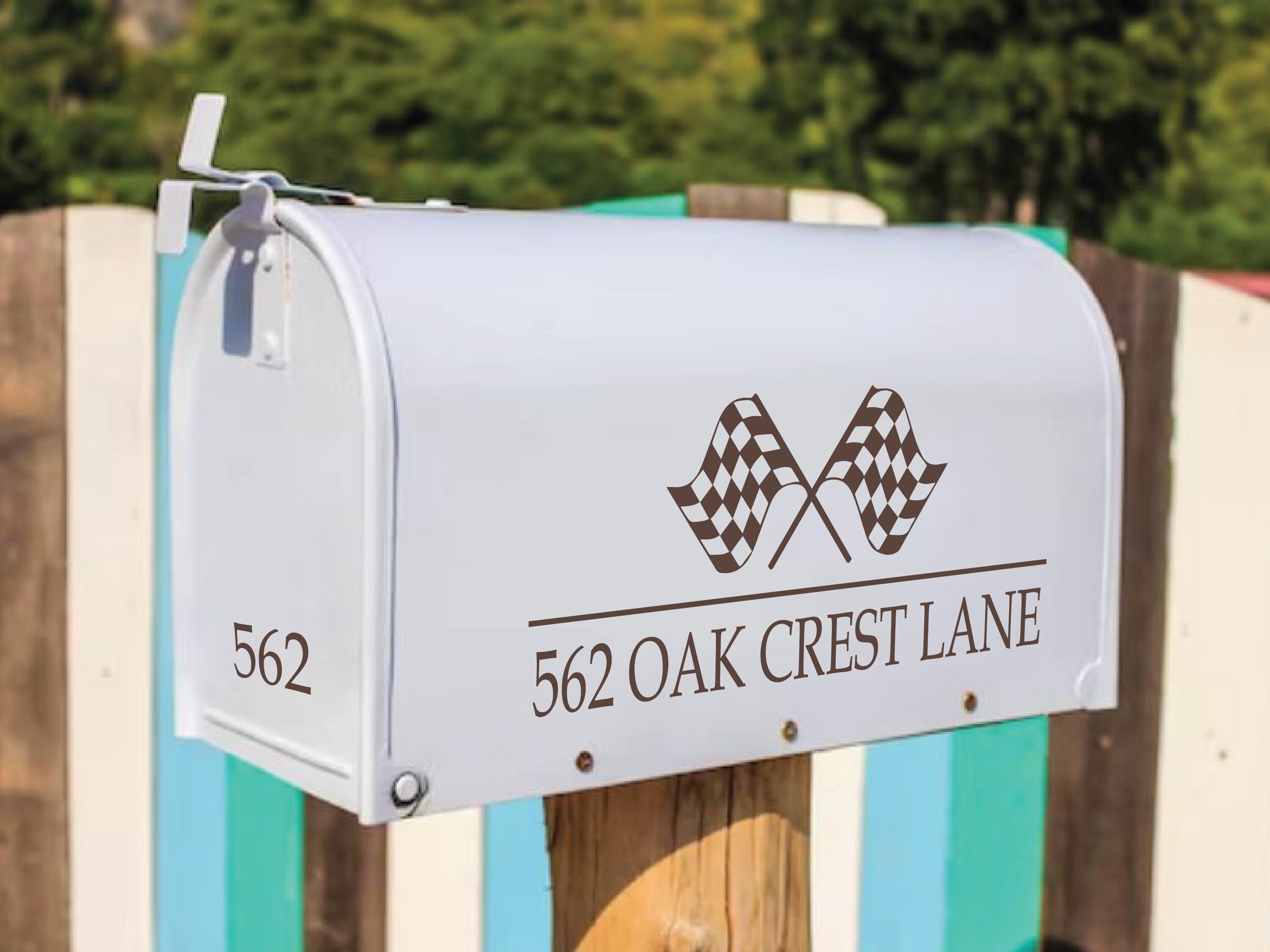 Custom racing mailbox decal with checkered flags and address