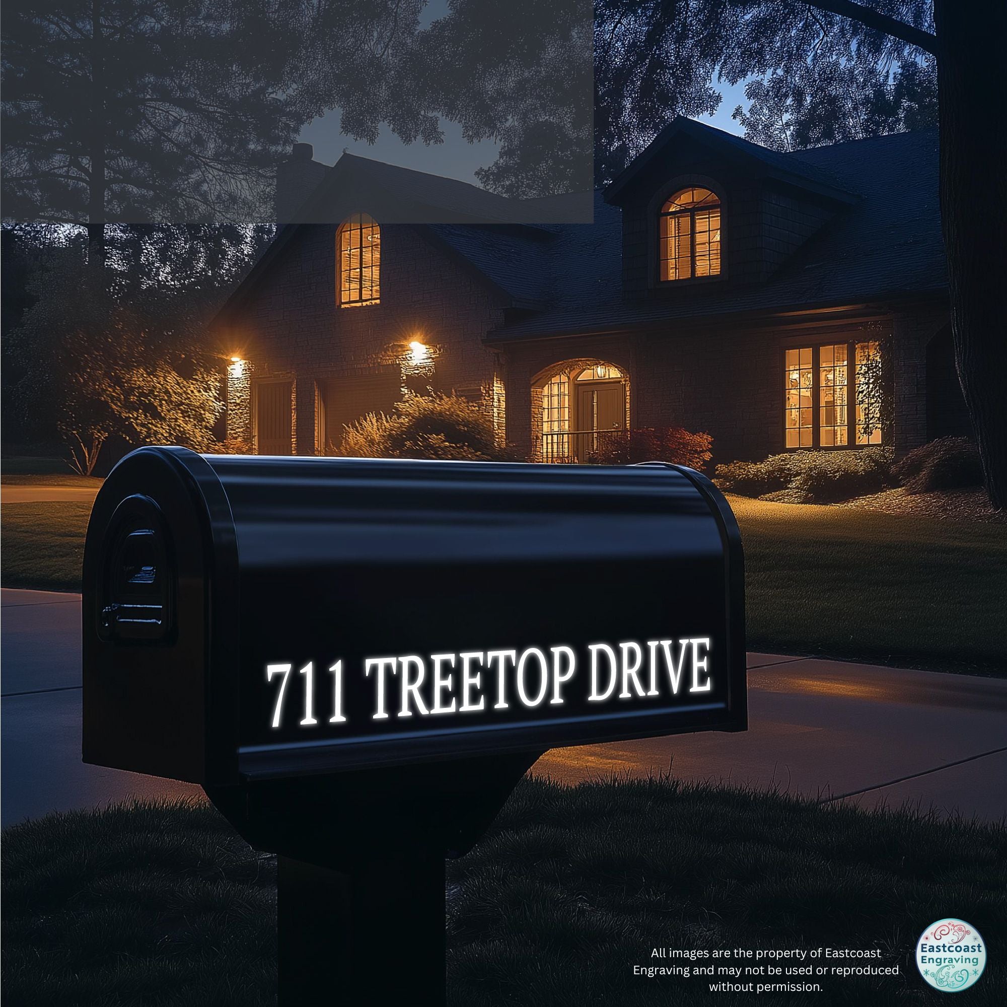 Reflective mailbox letters and numbers on a black mailbox for nighttime visibility and address clarity.