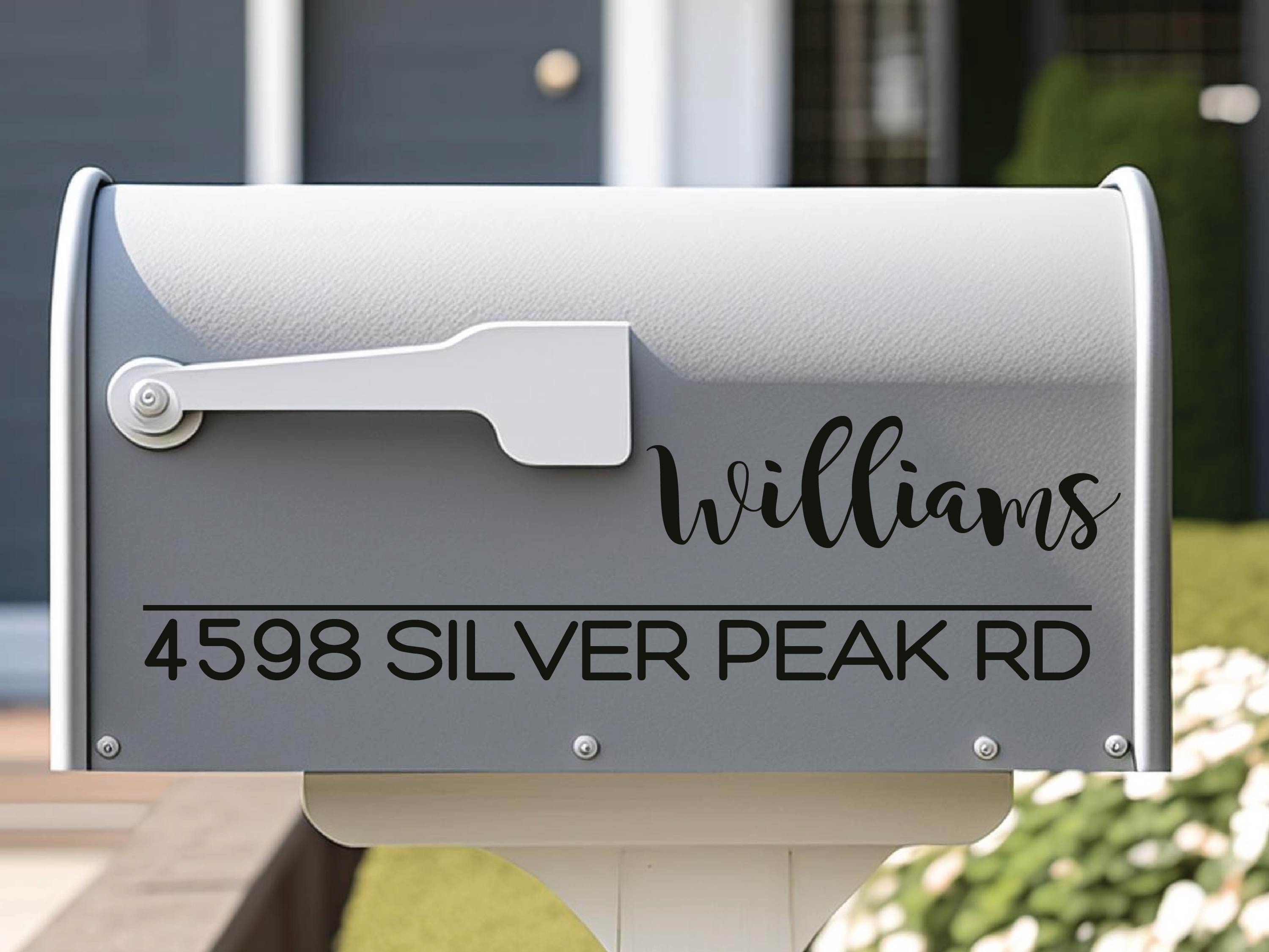 Mailing address decal in custom color applied to residential mailbox