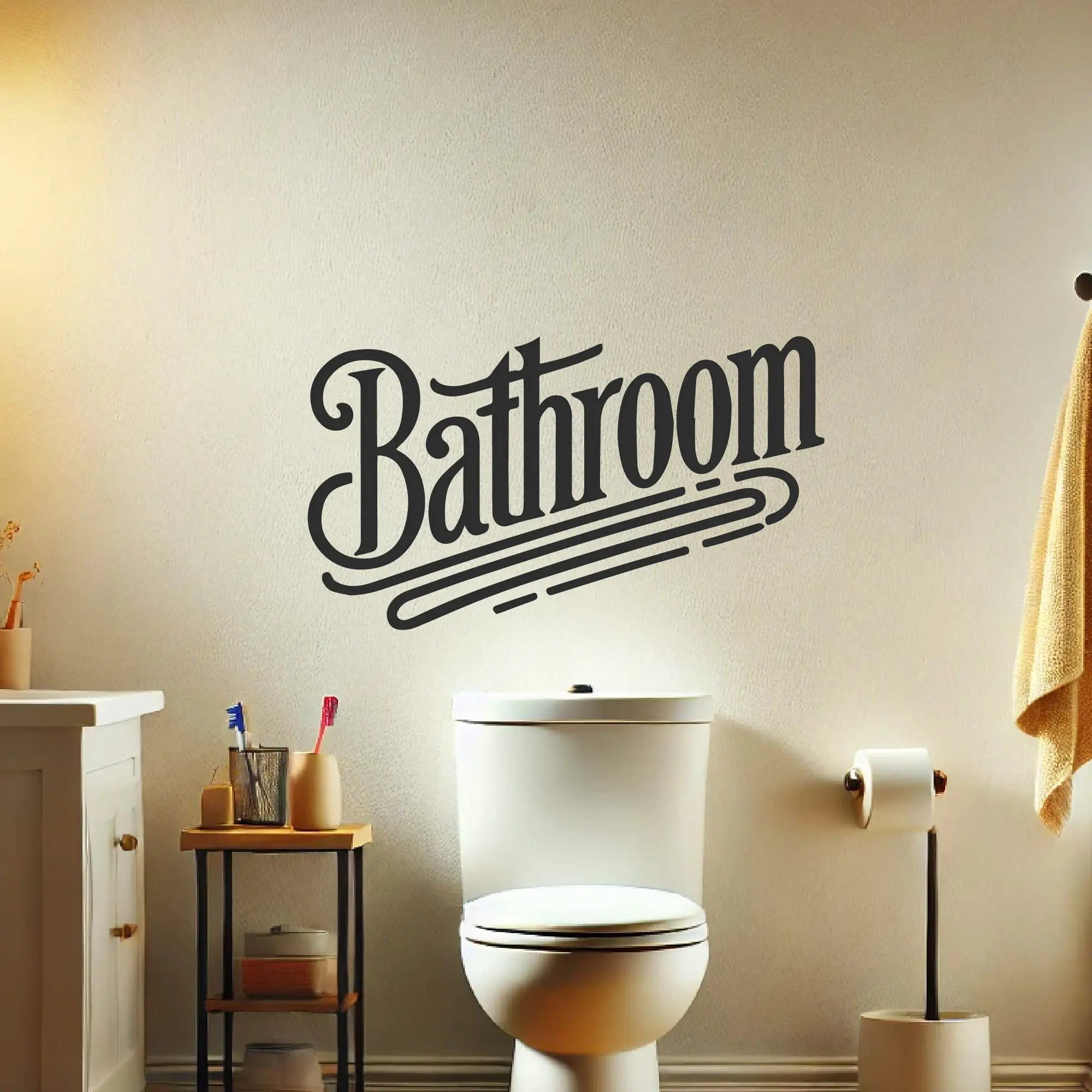 Vintage bathroom wall art decal placed over vanity area