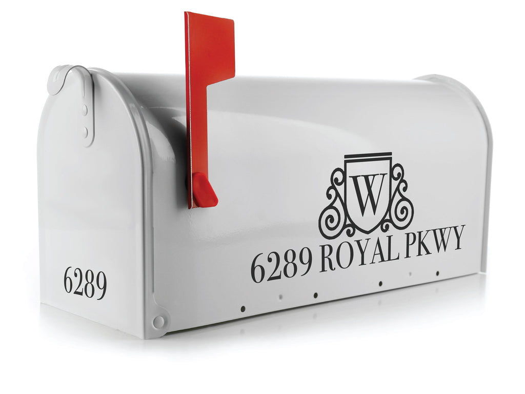 Mailbox featuring 'Personalized Elegant Mailbox Decal' with stylish address and initial design