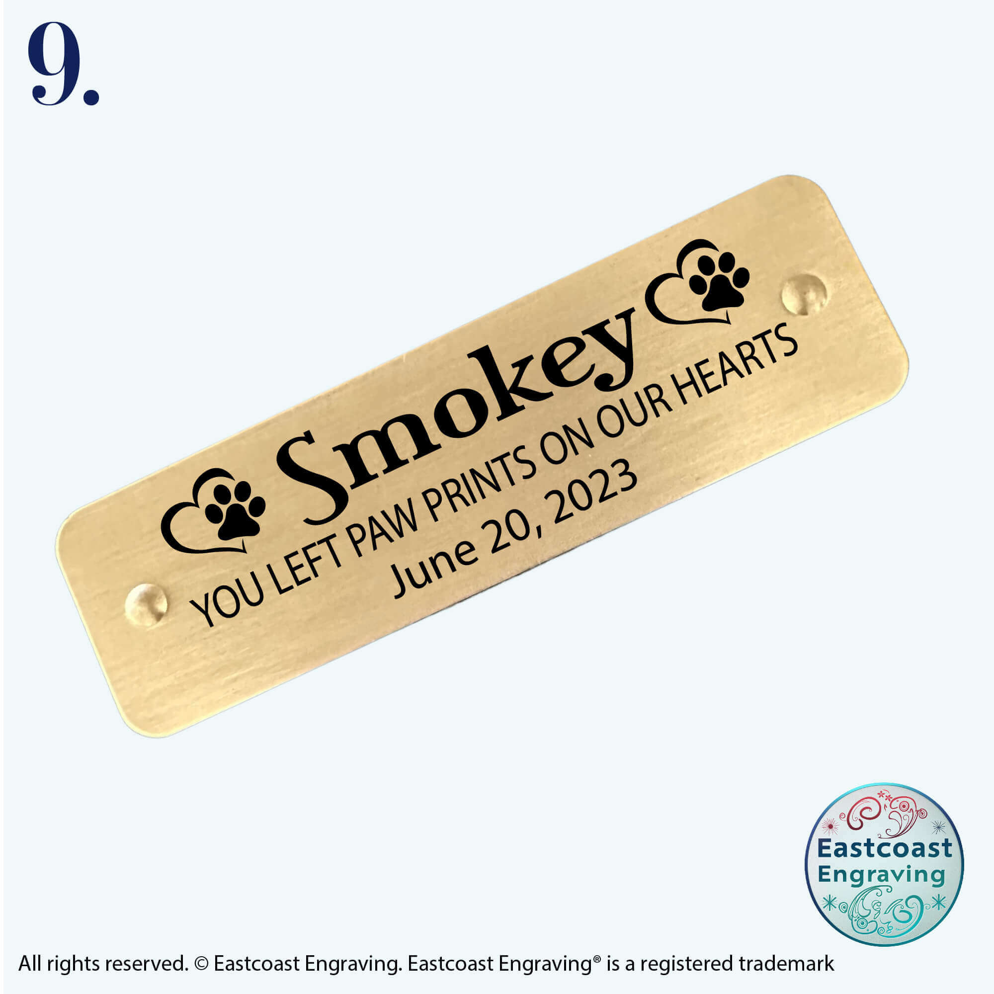 Custom pet memorial sticker tag with engraved brass nameplate.