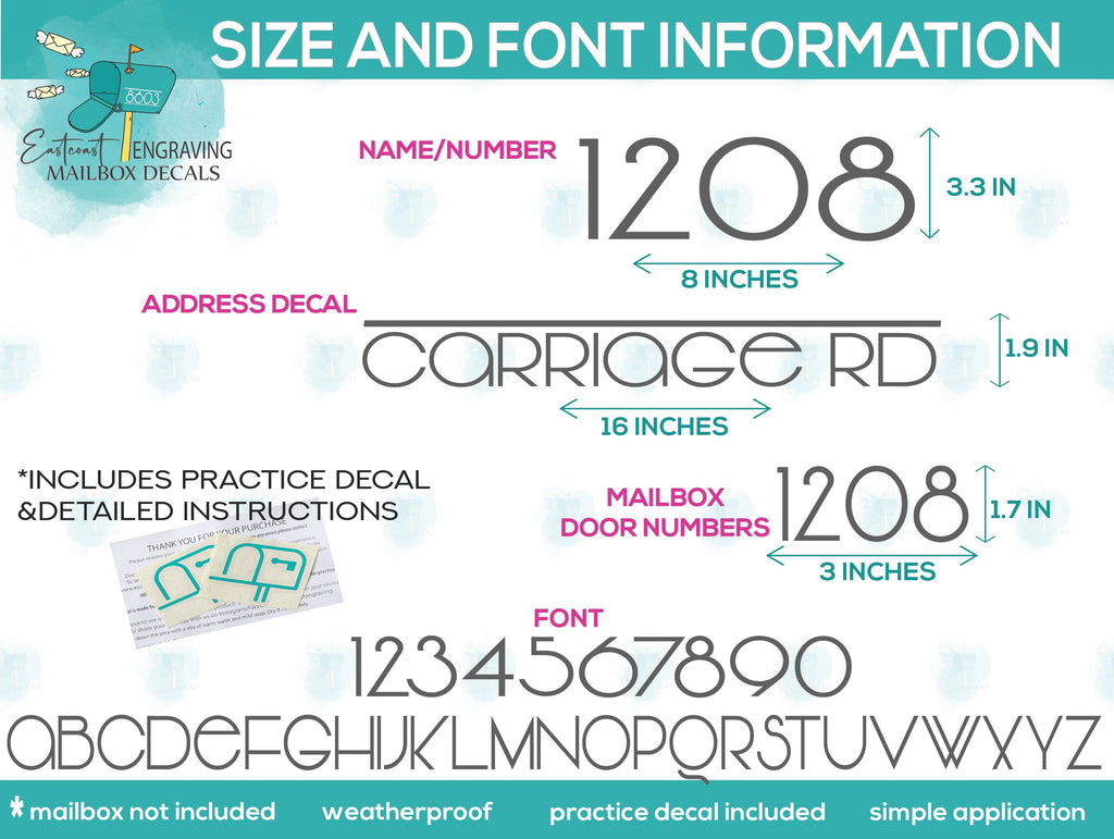 Detailed size and font options for modern mailbox number decals and custom stickers