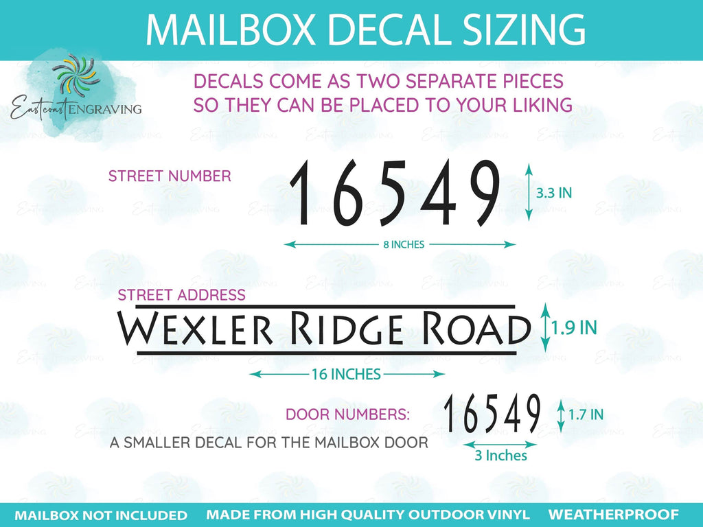 Size chart for custom mailbox decals showing dimensions for house numbers and address lines