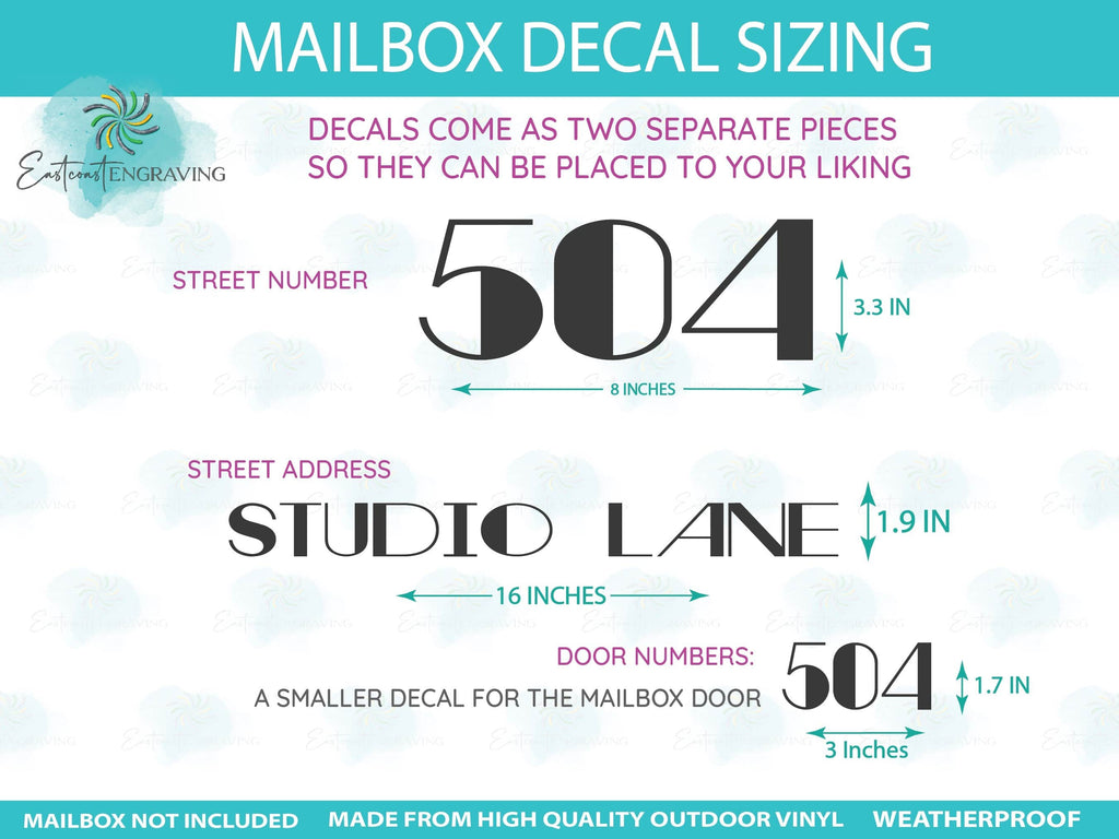 Size chart for custom mailbox decals displaying dimensions for address line, house numbers, and optional door decal
