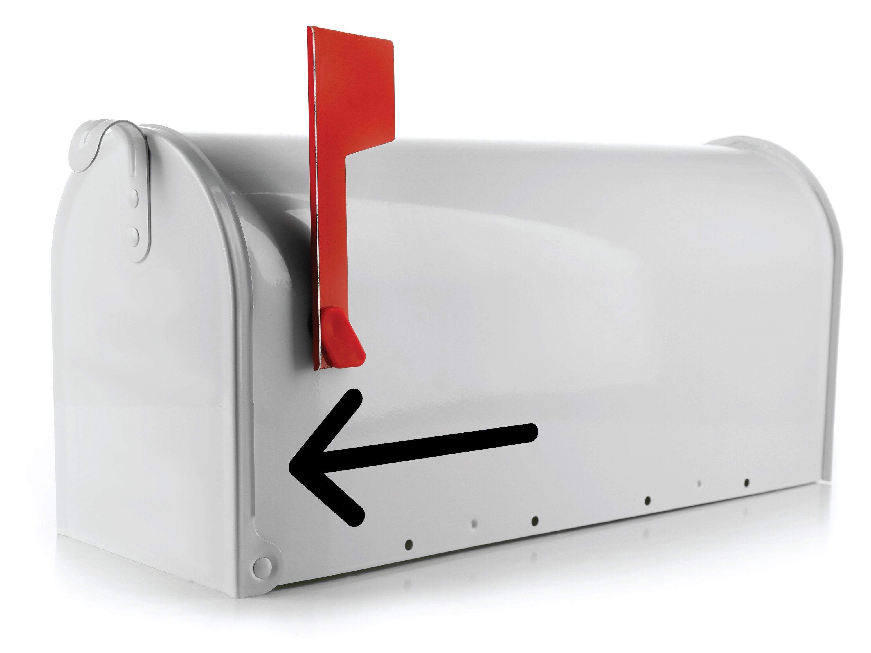 Slim curved mailbox arrow decal pointing left in black vinyl on white mailbox
