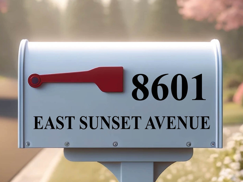 Detailed view of personalized mailbox decal with house numbers