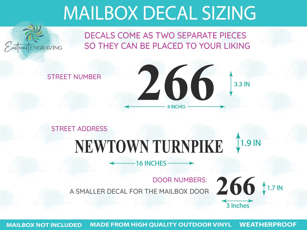 Size and font chart for custom mailbox decals, detailing options for personalized styles
