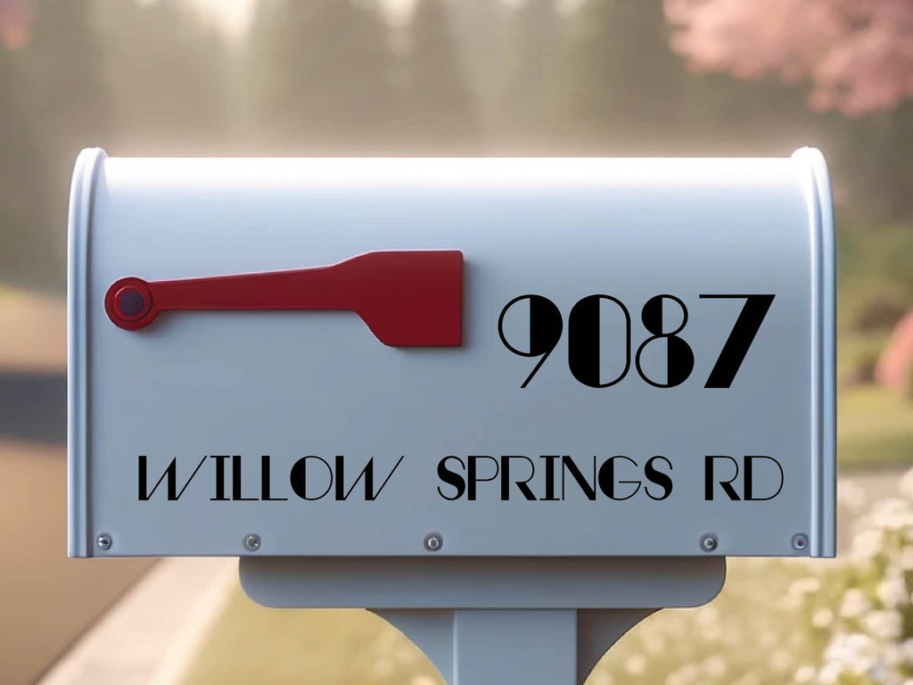 Mailbox house number decal applied on a standard mailbox for clear visibility
