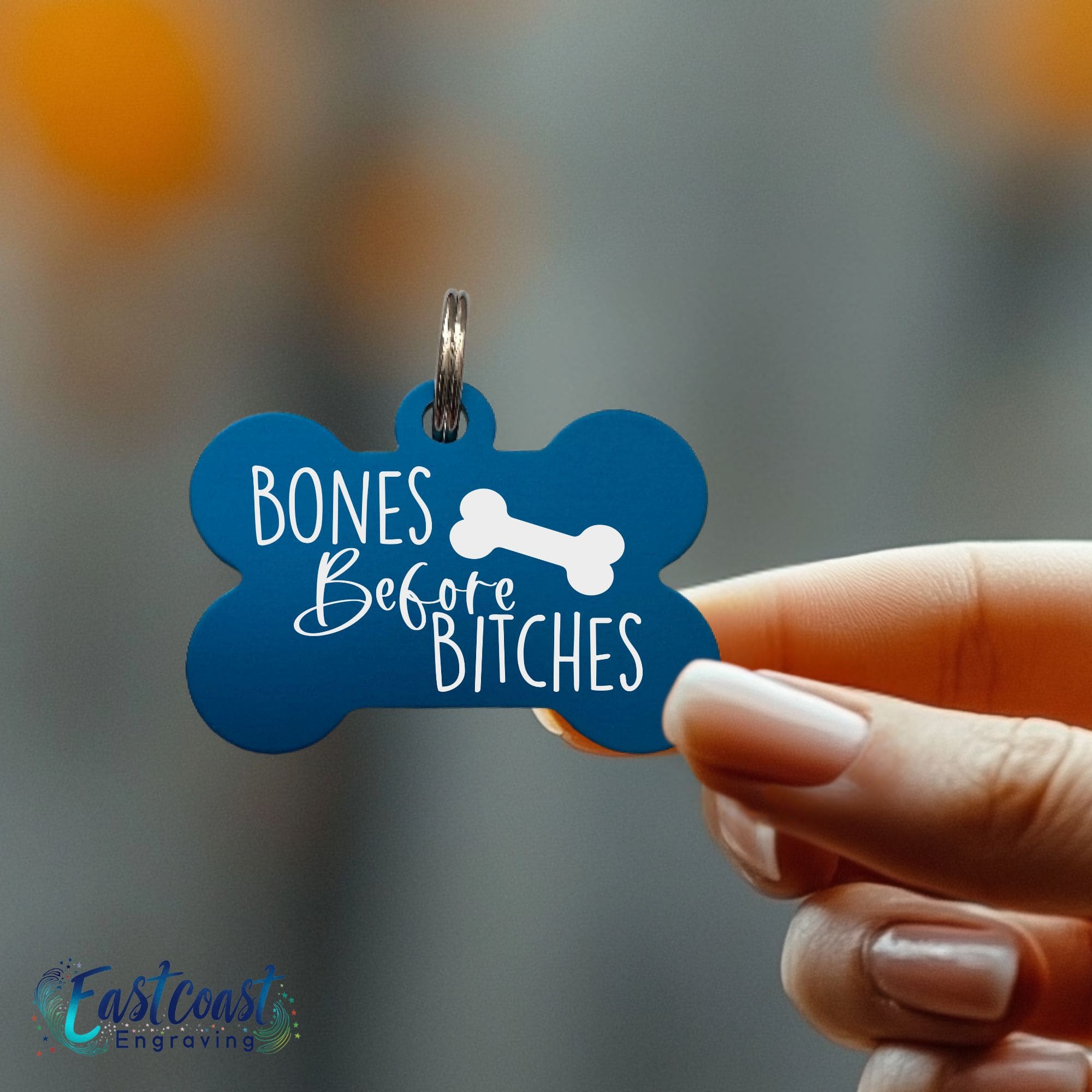 Custom pet ID tag with 'Bones Before Bitches' - East Coast Engraving