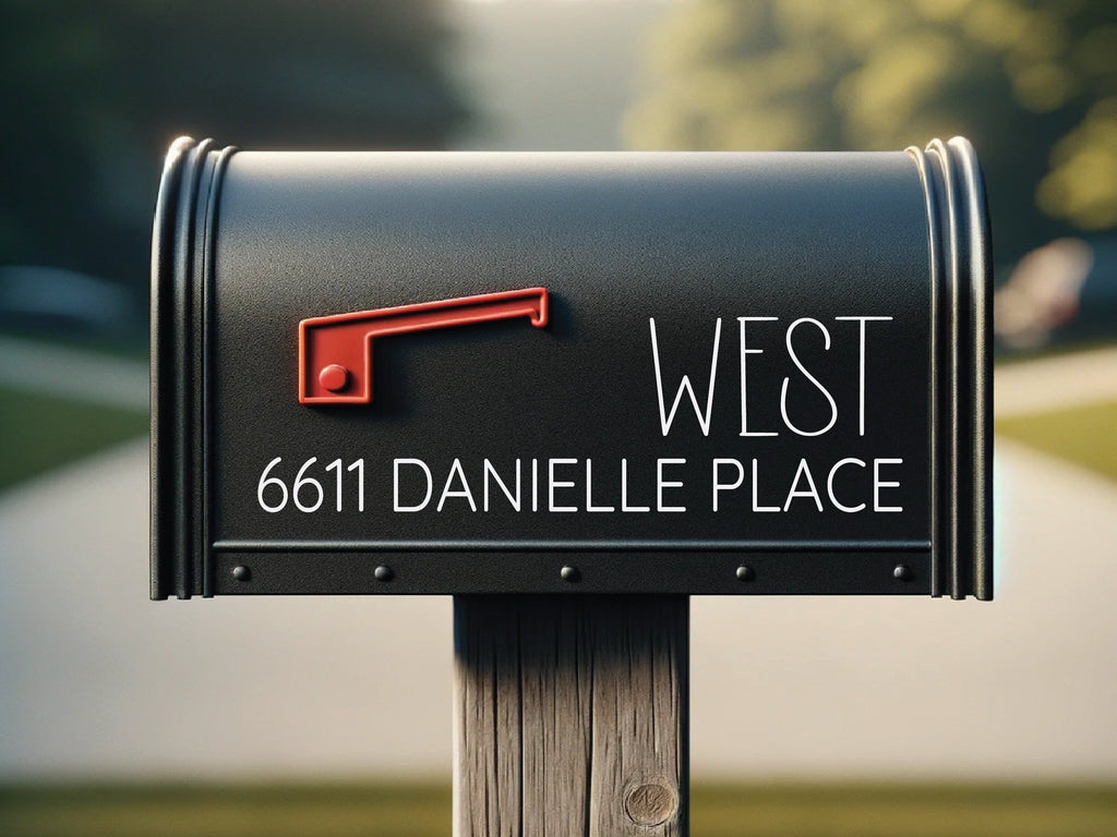 Personalized mailbox number decal applied to curb-side mailbox