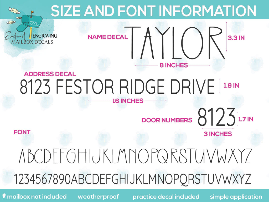 Detailed size and font chart for custom mailbox decals