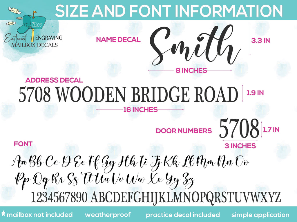 Comprehensive size and font chart for mailbox address stickers, detailing dimensions and style options