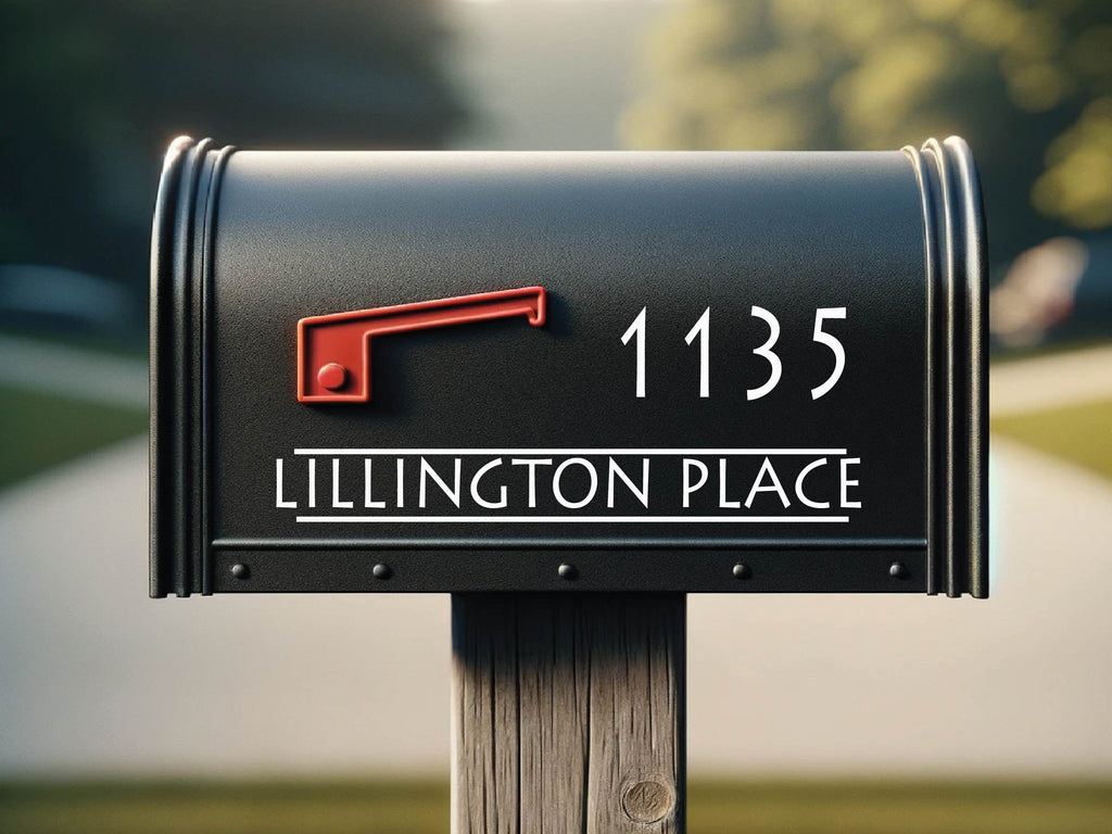 Durable outdoor vinyl mailbox decal with elegant personalized lettering under sunny conditions.