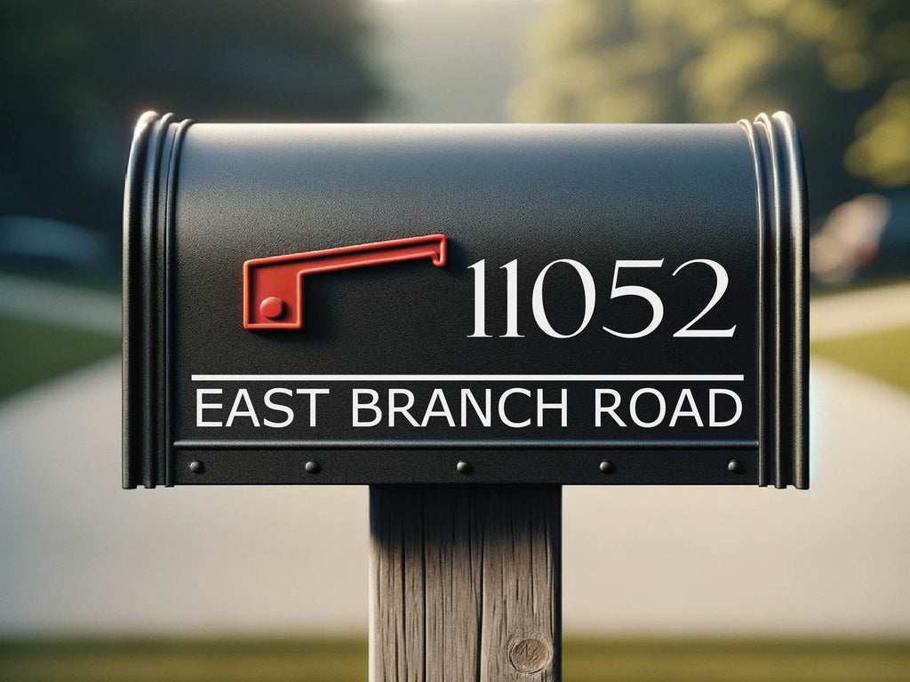 Elegant address sticker on mailbox, showcasing custom font and design