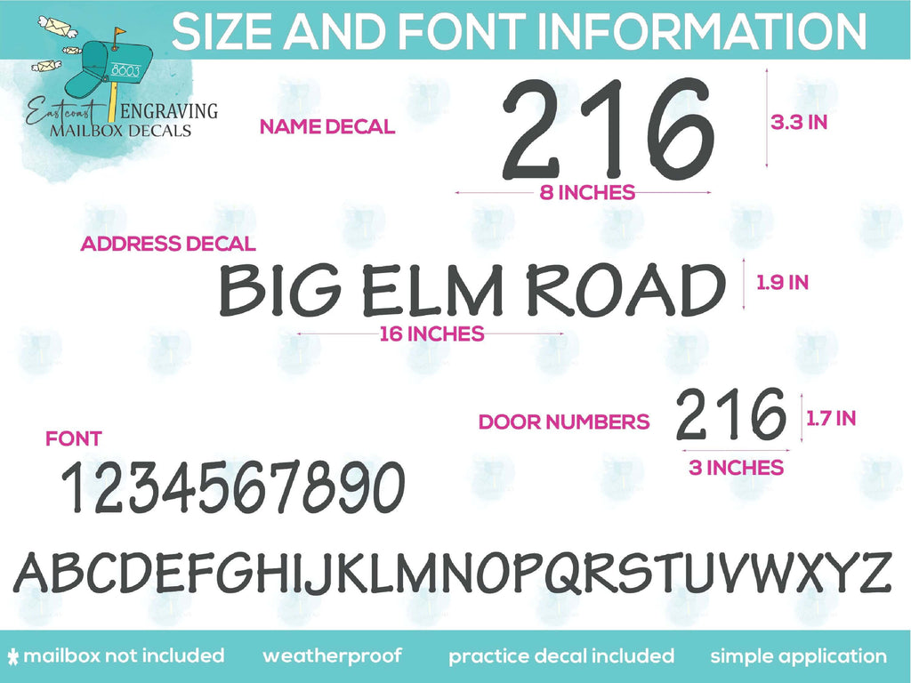 Custom mailbox decal sizing guide with free practice decal included with every order