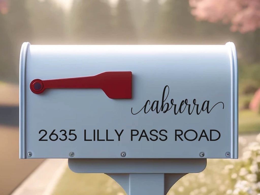 Customized mailbox with address sticker displaying clear, legible numbers and text.