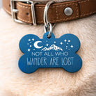 Not all who wander are lost dog tag in teal with mountain and moon design on a dog collar