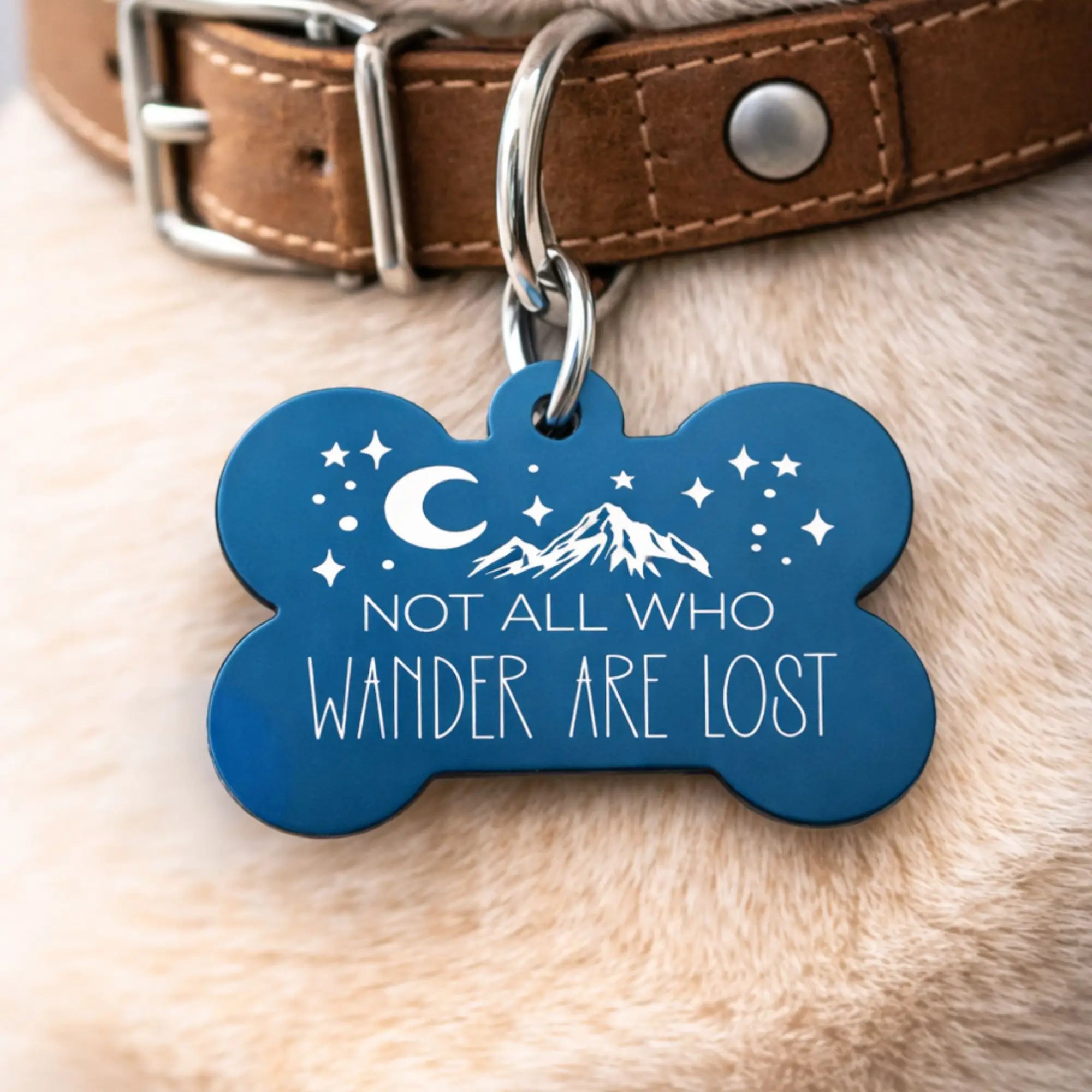 Not all who wander are lost dog tag in teal with mountain and moon design on a dog collar