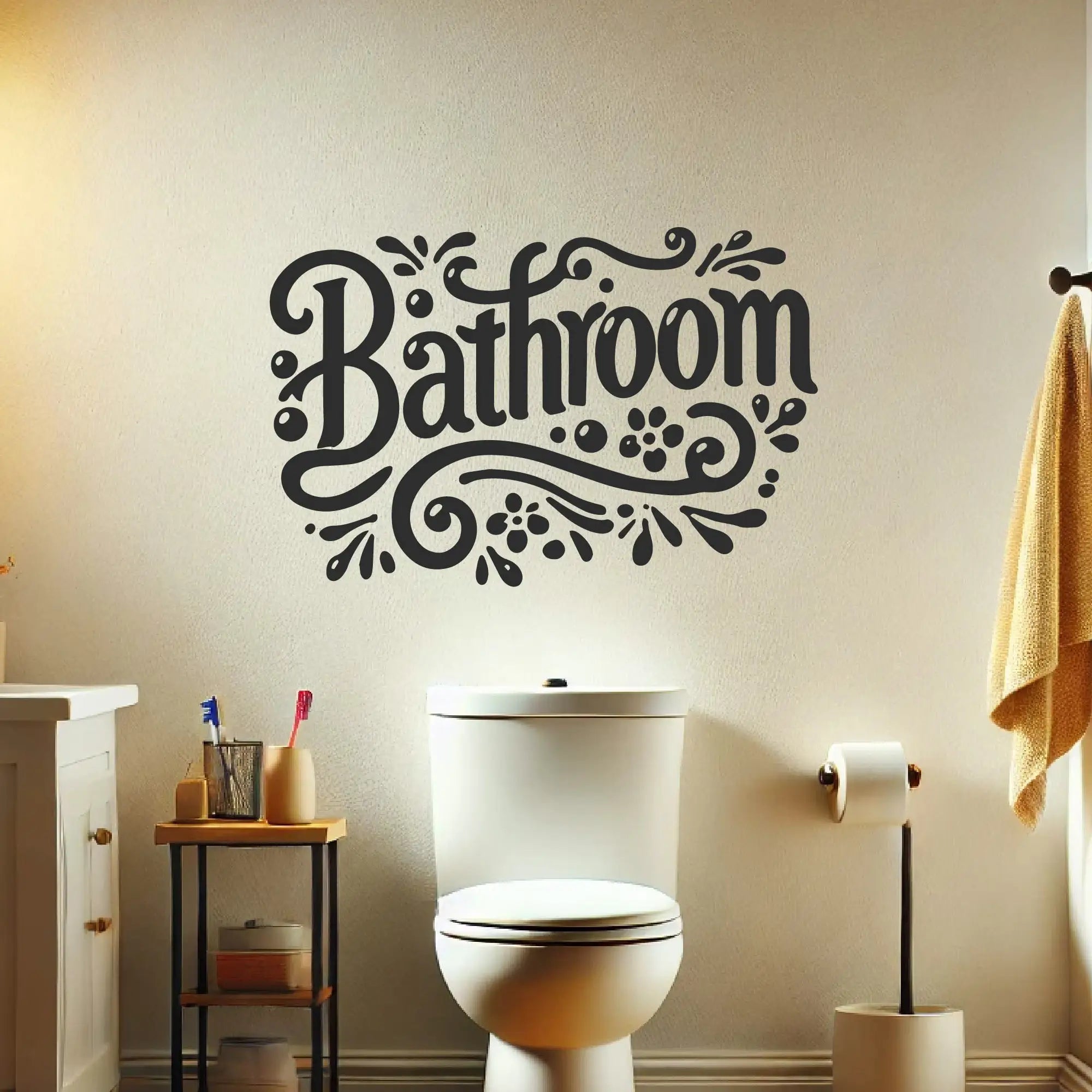 Vinyl bathroom lettering decal installed over bathroom sink