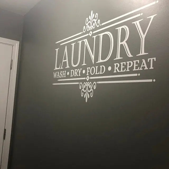 Decorative laundry room wall decal with elegant wash dry fold repeat design