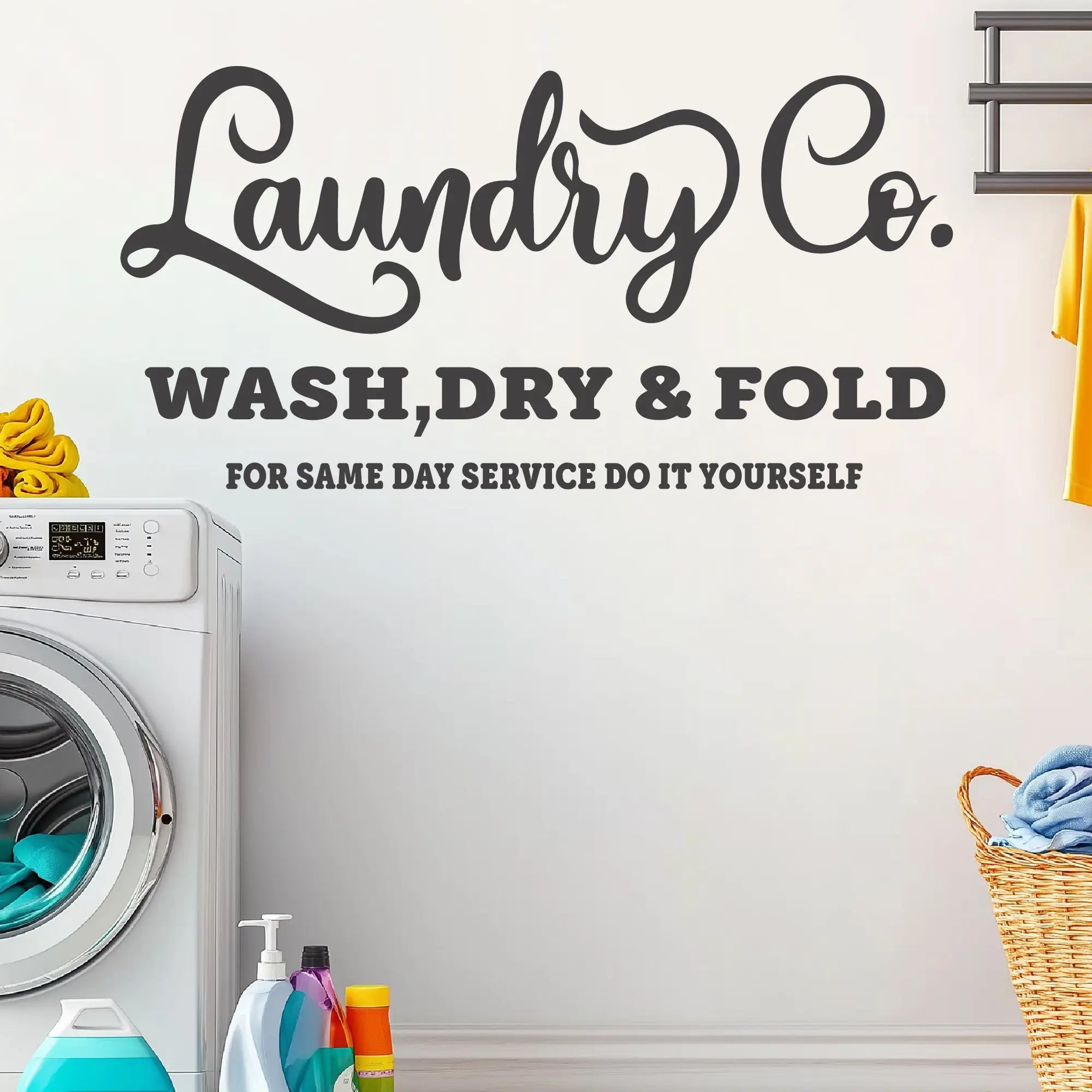 Laundry Co. wall decal with Wash Dry Fold text for modern laundry room decor