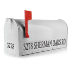 One-line vinyl mailbox decal applied to black mailbox side