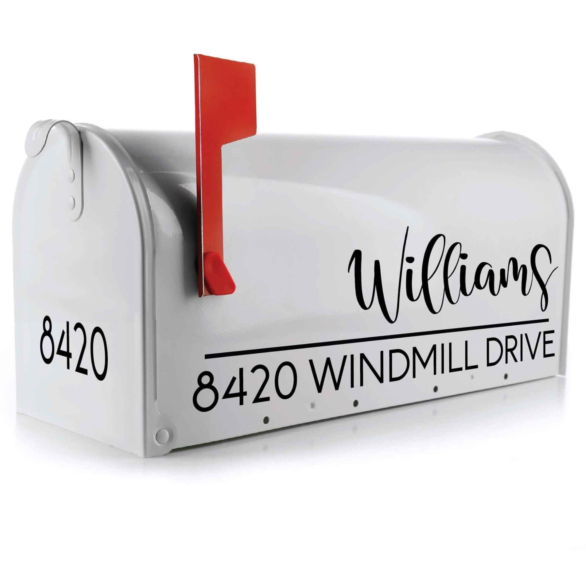 mailbox lettering decal showing bold last name in script font