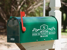 Vinyl address mailbox decal with scroll frame and personalized monogram